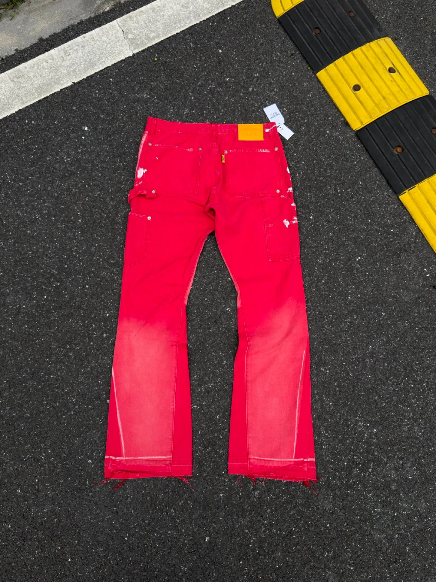 P260💰GA06 GALLERY DEPT. Spliced ​​patches, splashed ink denim flared jeans, washed, distressed, spliced ​​jeans, logging micro-flared jeans, same style for men and women Color: red Code number: 28 30 32 34 36